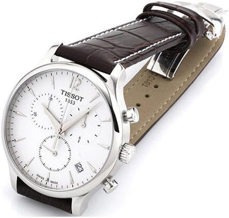 Tissot T Classic Tradition with black leather strap and steel bracelet clasp detail