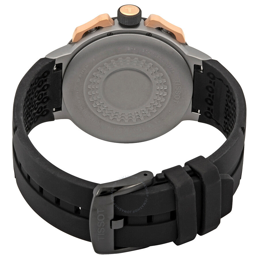 Tissot T-Race chronograph caseback showing stainless steel case back with textured design