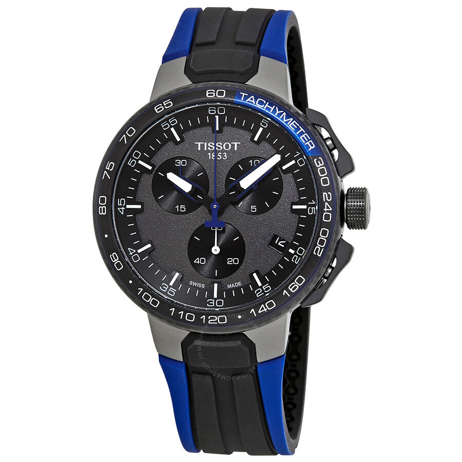 Tissot T-Race Cycling chronograph watch with black dial, blue and black rubber strap, and tachymeter bezel