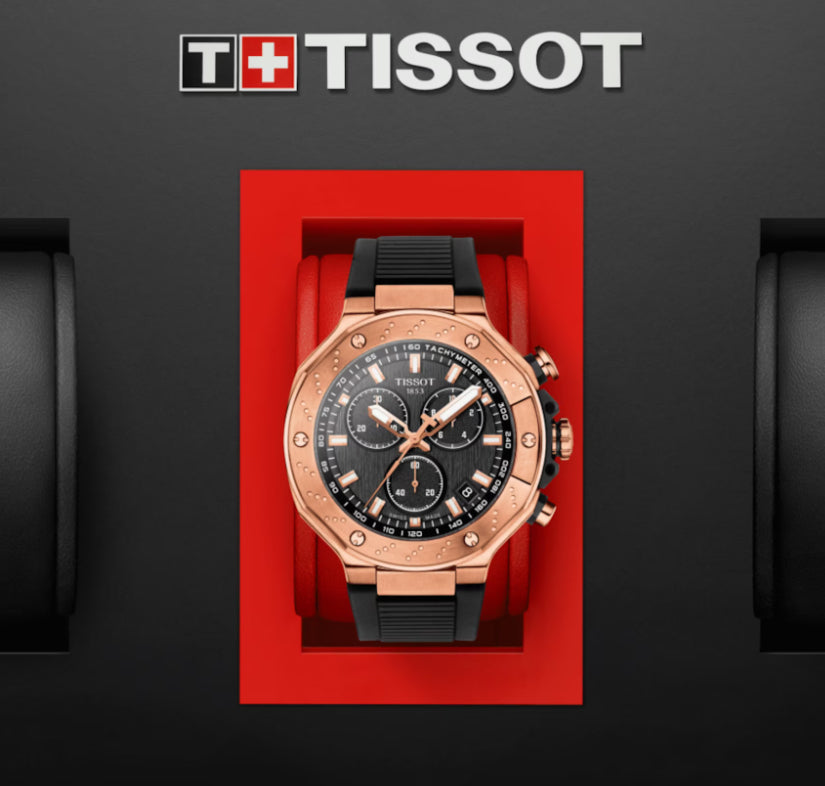 Tissot T-Race Chronograph in red presentation box with Tissot logo and branding