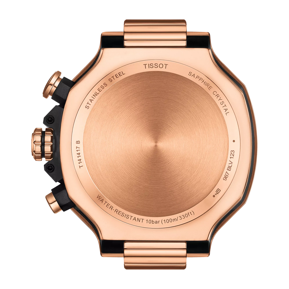 Tissot T-Race case back showing rose gold stainless steel and water-resistant rating