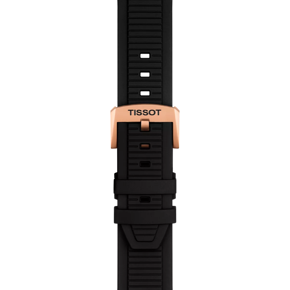 Tissot T-Race black rubber strap with rose gold folding clasp and textile weave