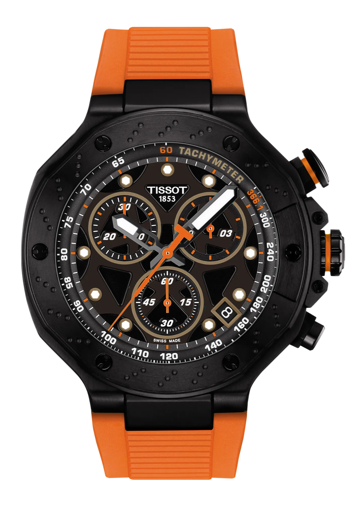 Tissot T-Race chronograph men's watch with black dial, orange accents, and orange rubber strap