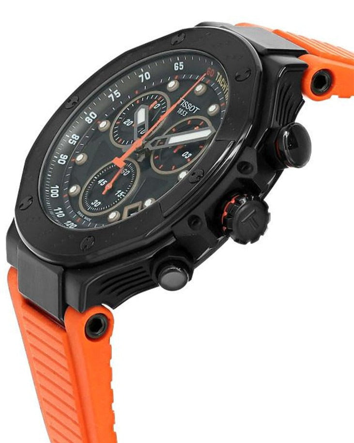 Side profile of Tissot T-Race watch showing orange rubber strap and chronograph pushers
