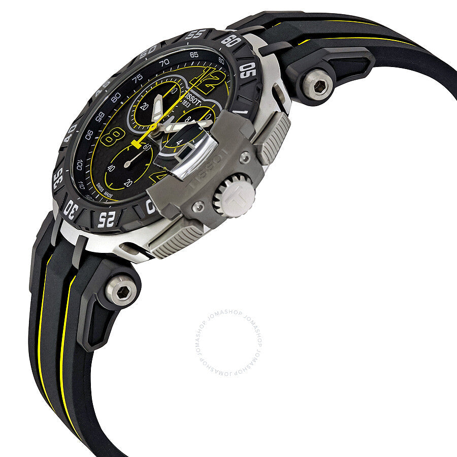 Tissot T-Race Thomas Luthi chronograph displayed at angle showing steel case and black/yellow strap