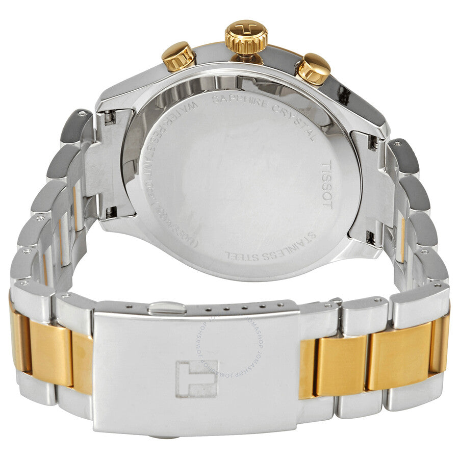 Caseback view of Tissot T-Sport chronograph showing two-tone stainless steel case construction