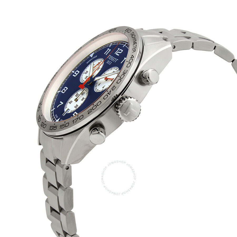 Tissot T-Sport chronograph watch shown at angle with blue dial and tachymeter bezel