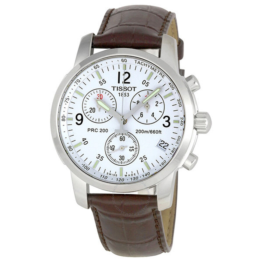 Tissot T-Sport PRC200 chronograph watch with white dial, brown leather strap, and three subdials
