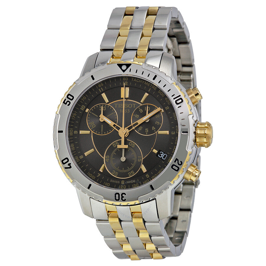 Tissot T-Sport PRS 200 chronograph watch with black dial, two-tone steel and gold bracelet