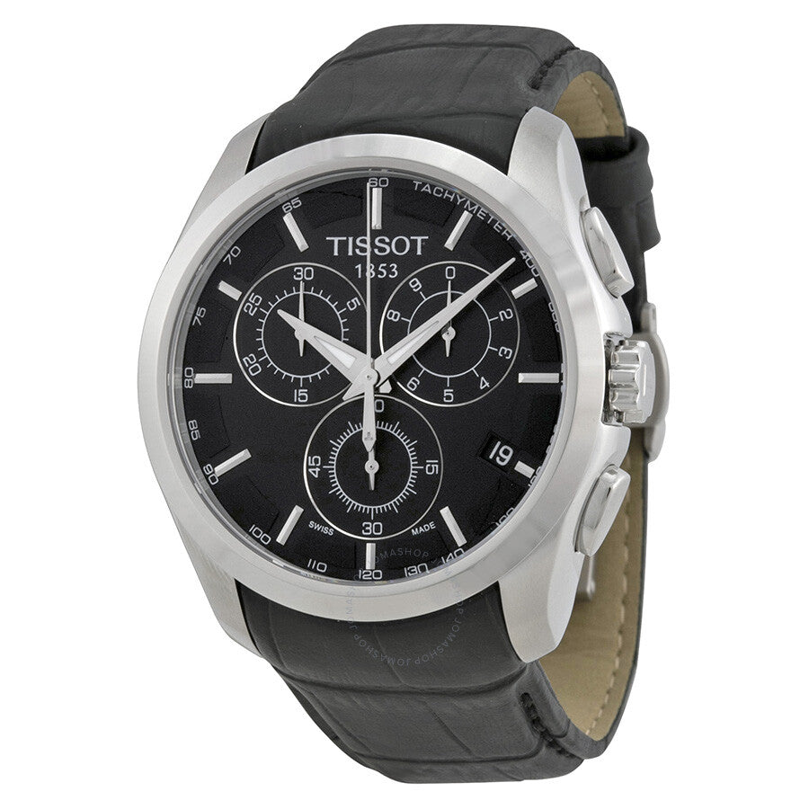 Tissot T-Trend Couturier chronograph watch with silver case and black dial showing three subdials
