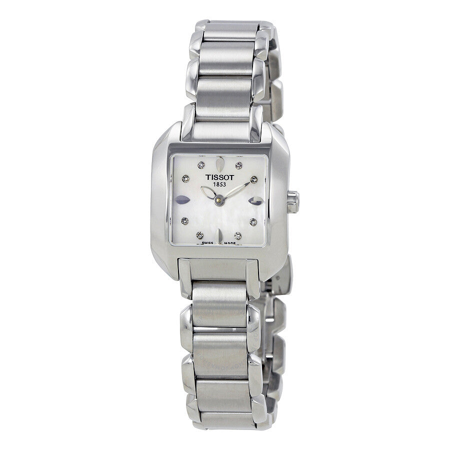 Tissot T-Wave rectangular stainless steel watch with mother of pearl dial and diamond hour markers