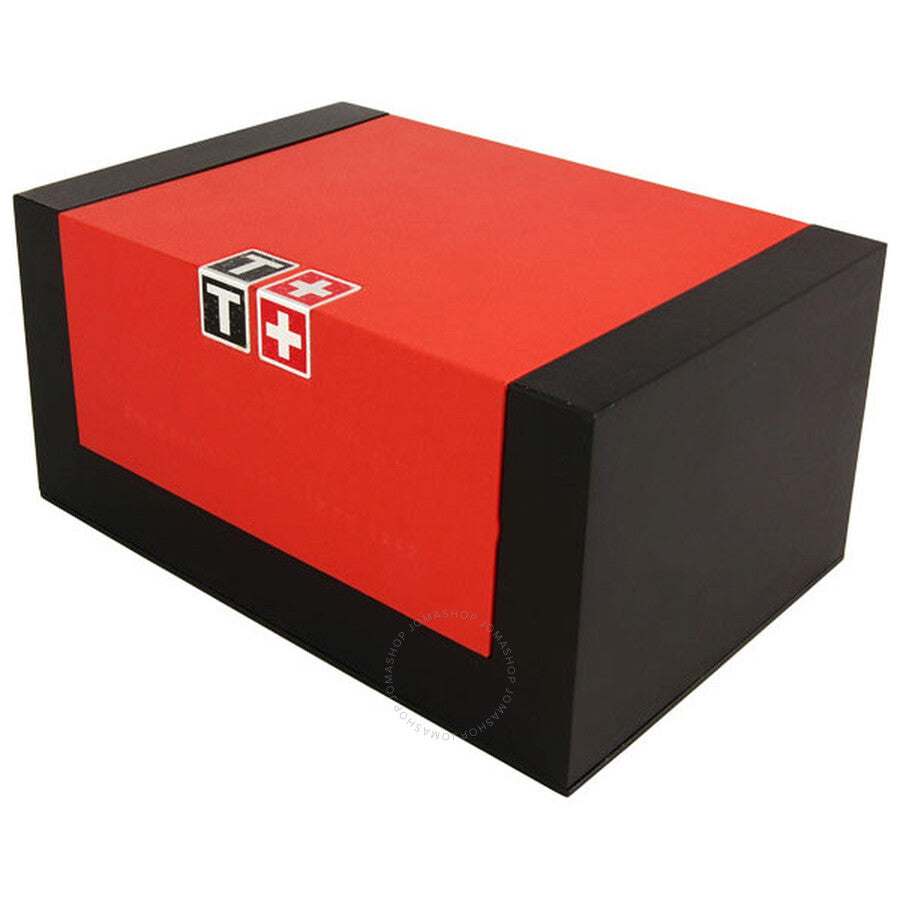 Tissot watch presentation box with red and black design and Swiss flag logo
