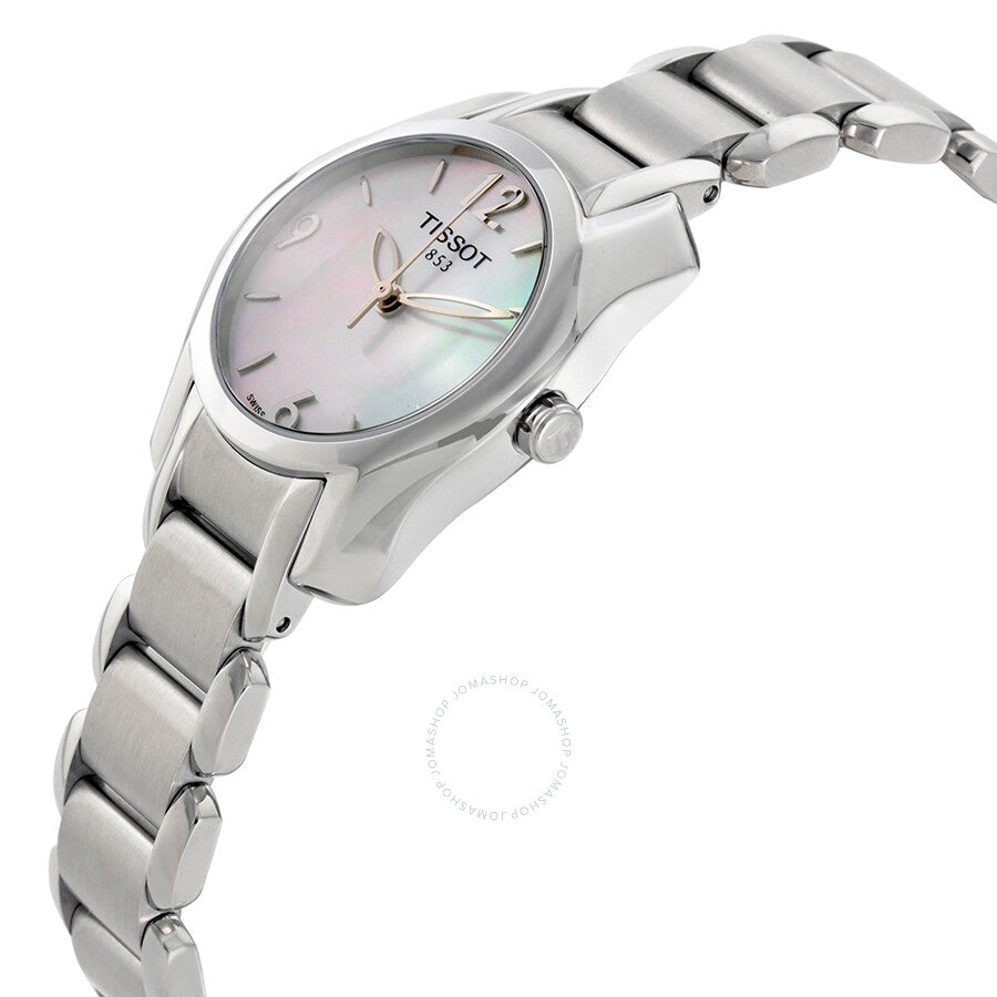 Tissot T-Wave watch at angle showing iridescent mother of pearl dial and steel case