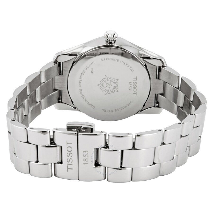 Caseback of Tissot T-Wave ladies watch displaying stainless steel bracelet and engraved case details