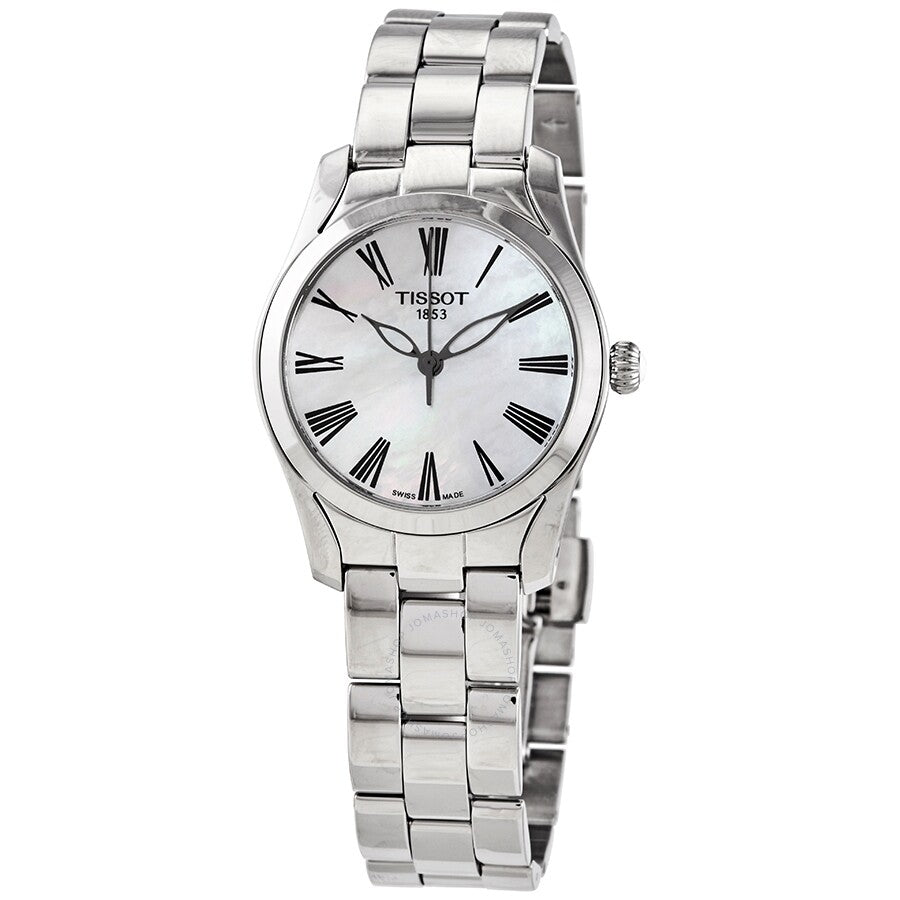 Tissot T-Wave ladies watch with white mother of pearl dial and Roman numeral markers on stainless steel bracelet