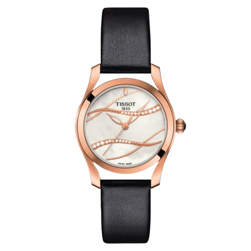 Tissot T-Wave rose gold ladies watch with MOP dial and diamond accents on black strap
