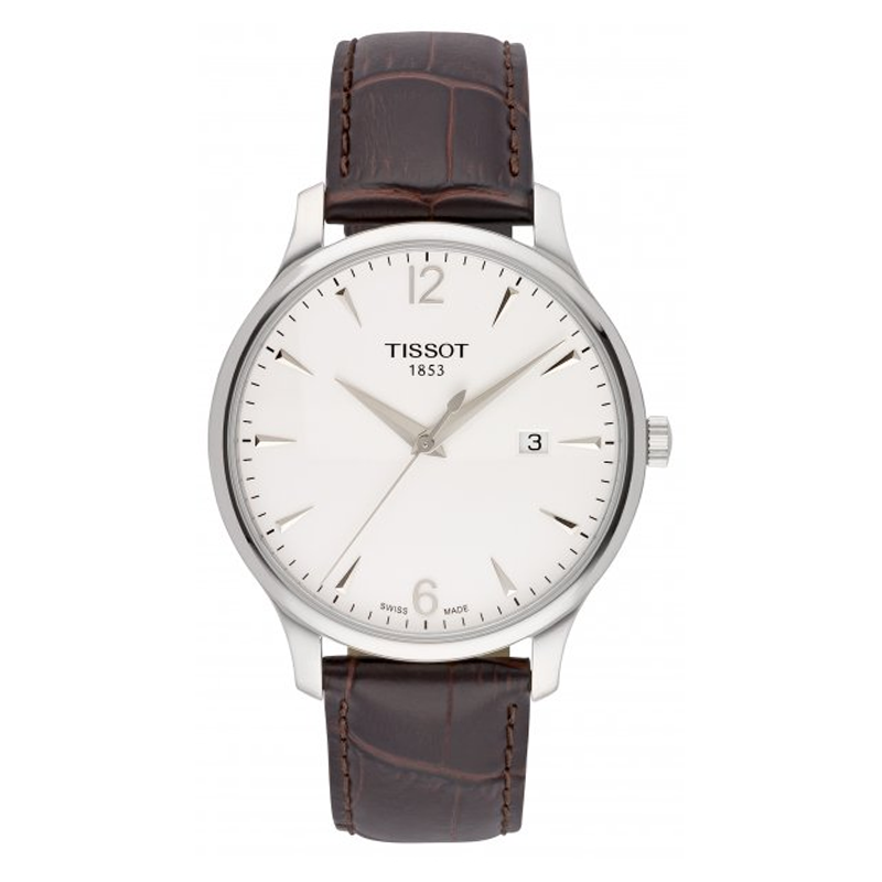 Tissot T Classic Tradition watch with white dial and brown leather strap