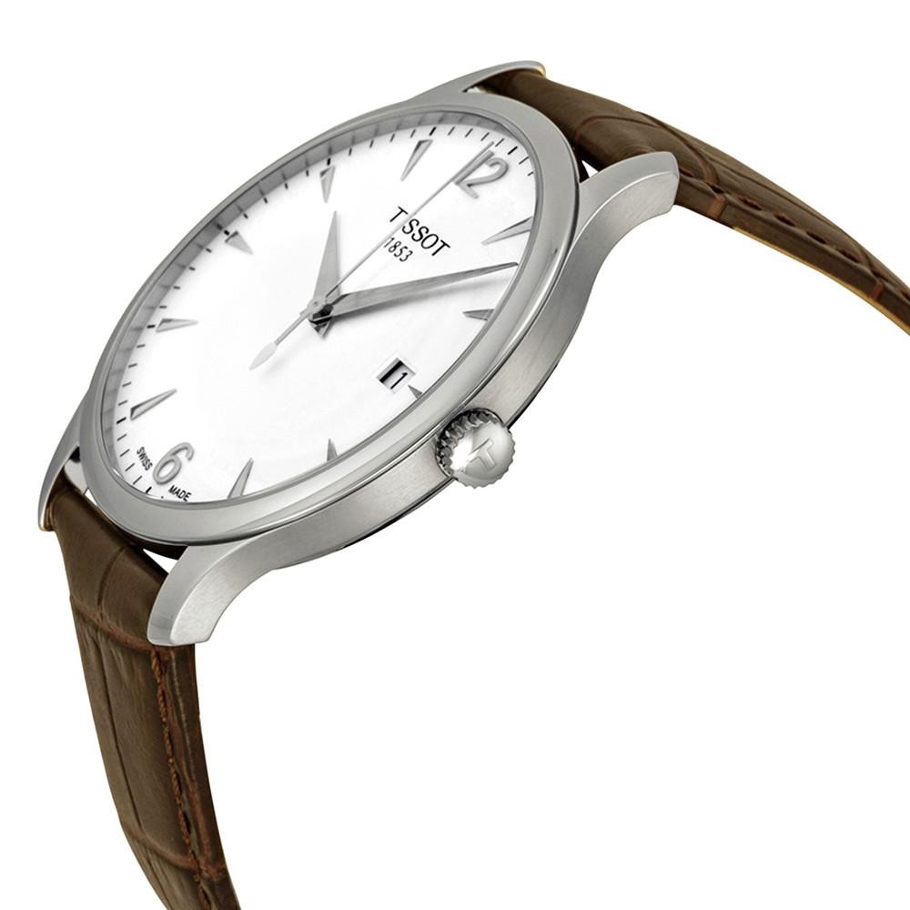 Tissot T Classic Tradition watch side profile with brown leather strap visible