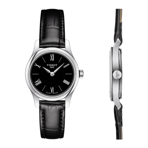Tissot Tradition 5.5 front and side views showing stainless steel case and leather strap