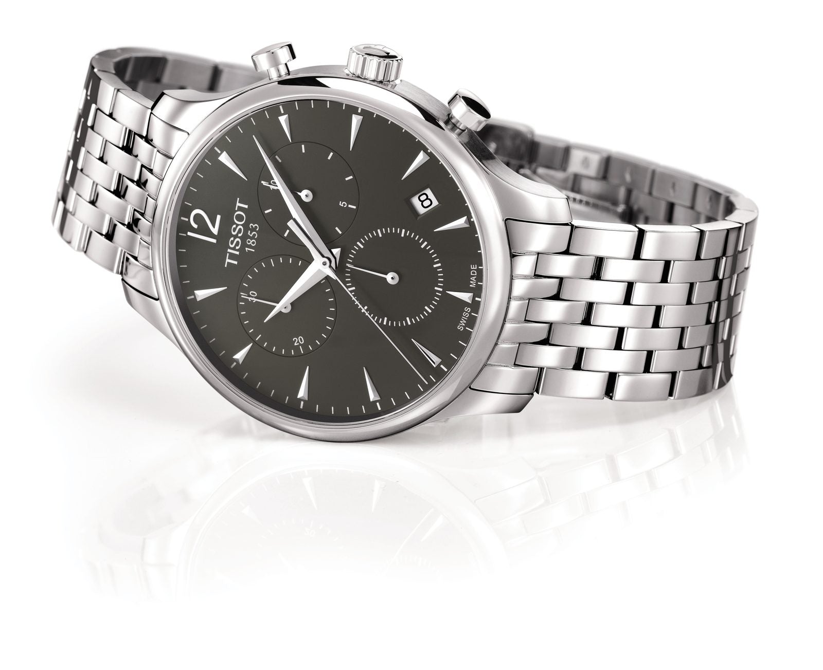 Tissot Tradition Chronograph three-quarter view showing case and steel bracelet