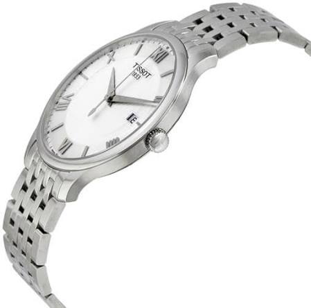 Tissot Tradition watch shown at angle with stainless steel band and silver dial visible