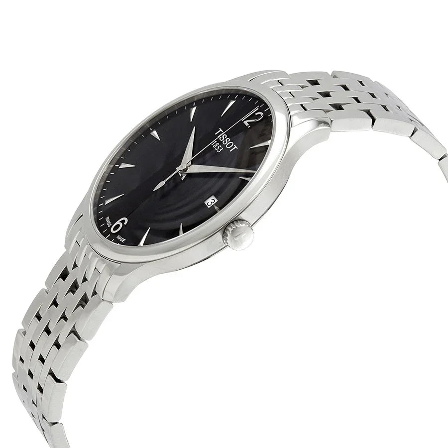 Tissot Tradition watch at angle showing black dial and stainless steel bracelet