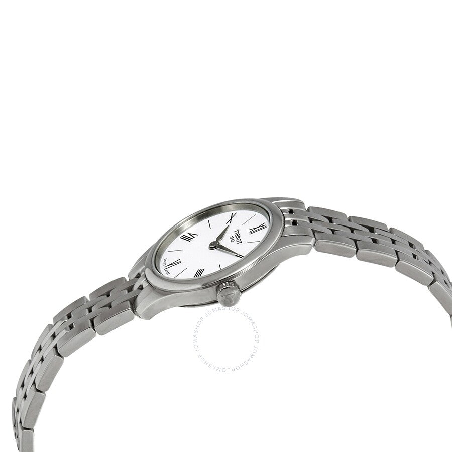 Tissot Tradition watch angled view showing slim profile and metal bracelet