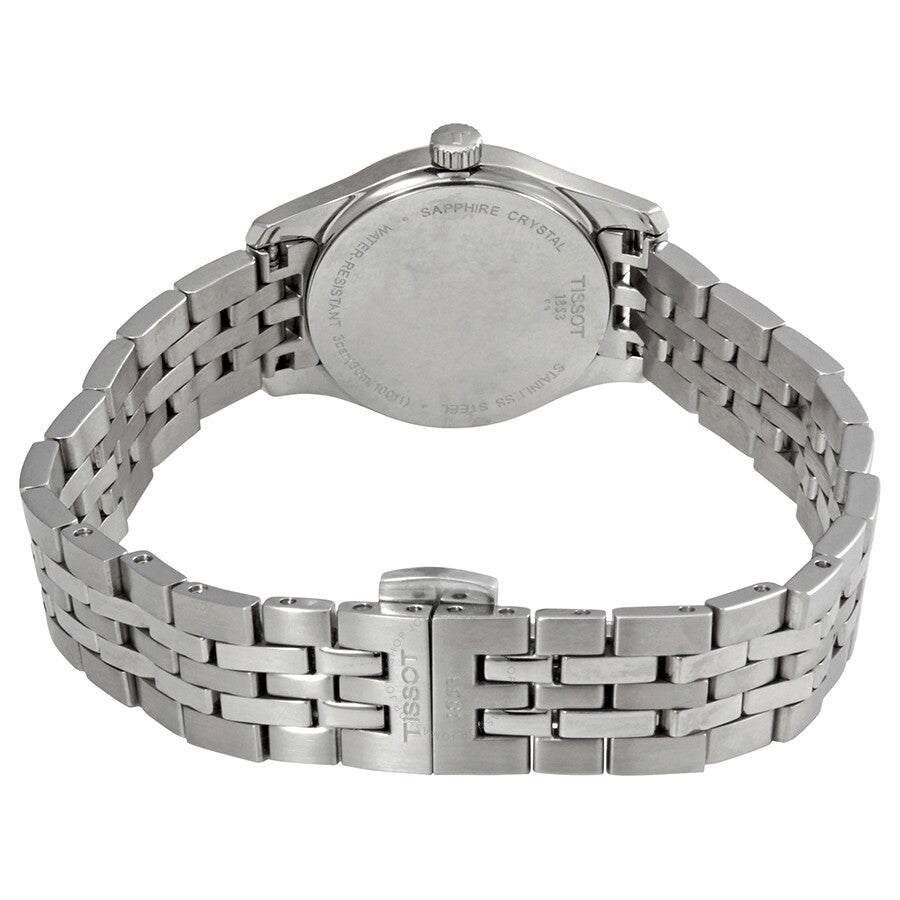 Tissot Tradition watch back view showing sapphire crystal case back and metal bracelet