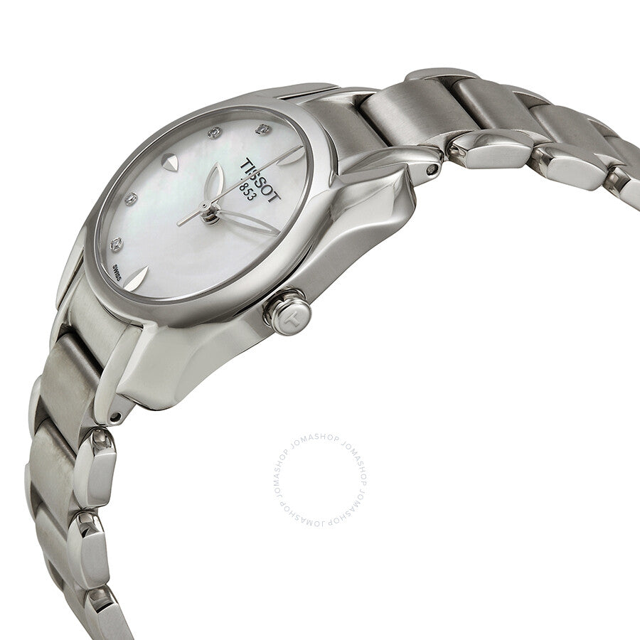 Side angle view of Tissot T-Wave watch showing dial, case, and steel bracelet