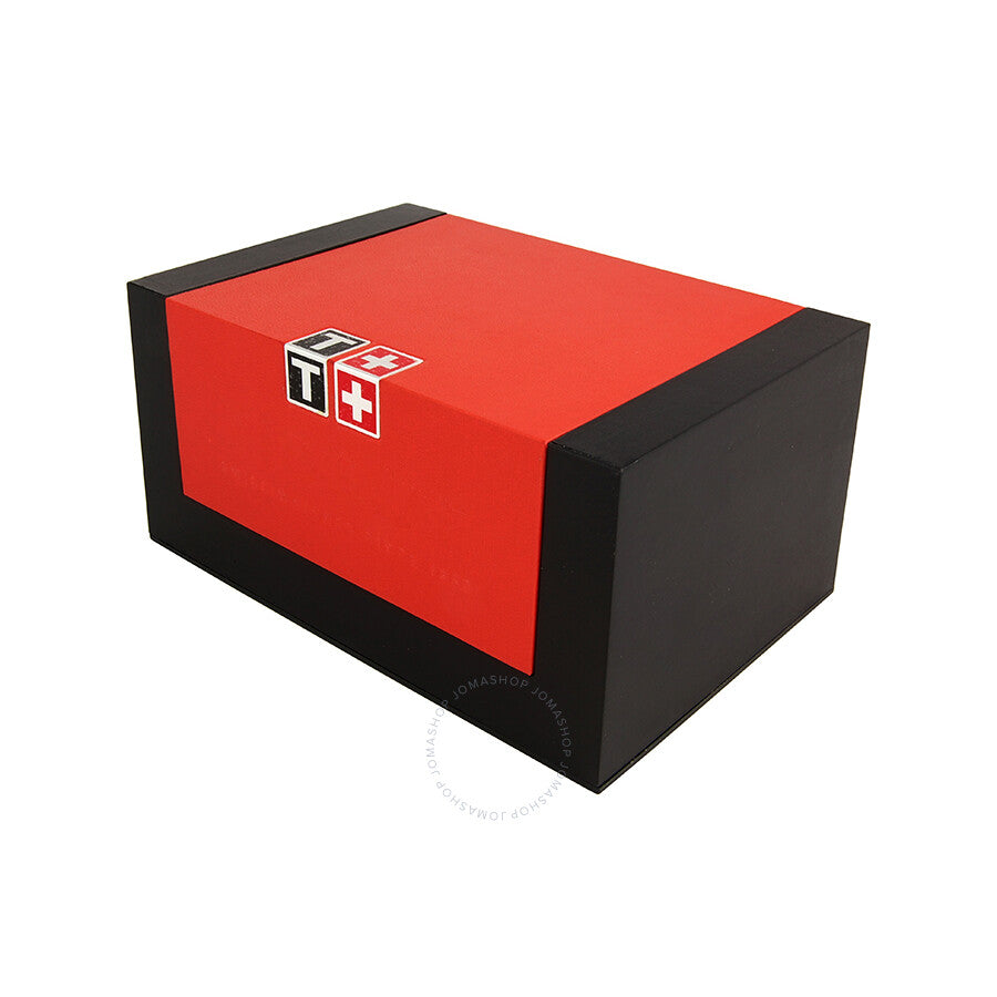 Tissot branded watch box with red and black design and Swiss flag logo