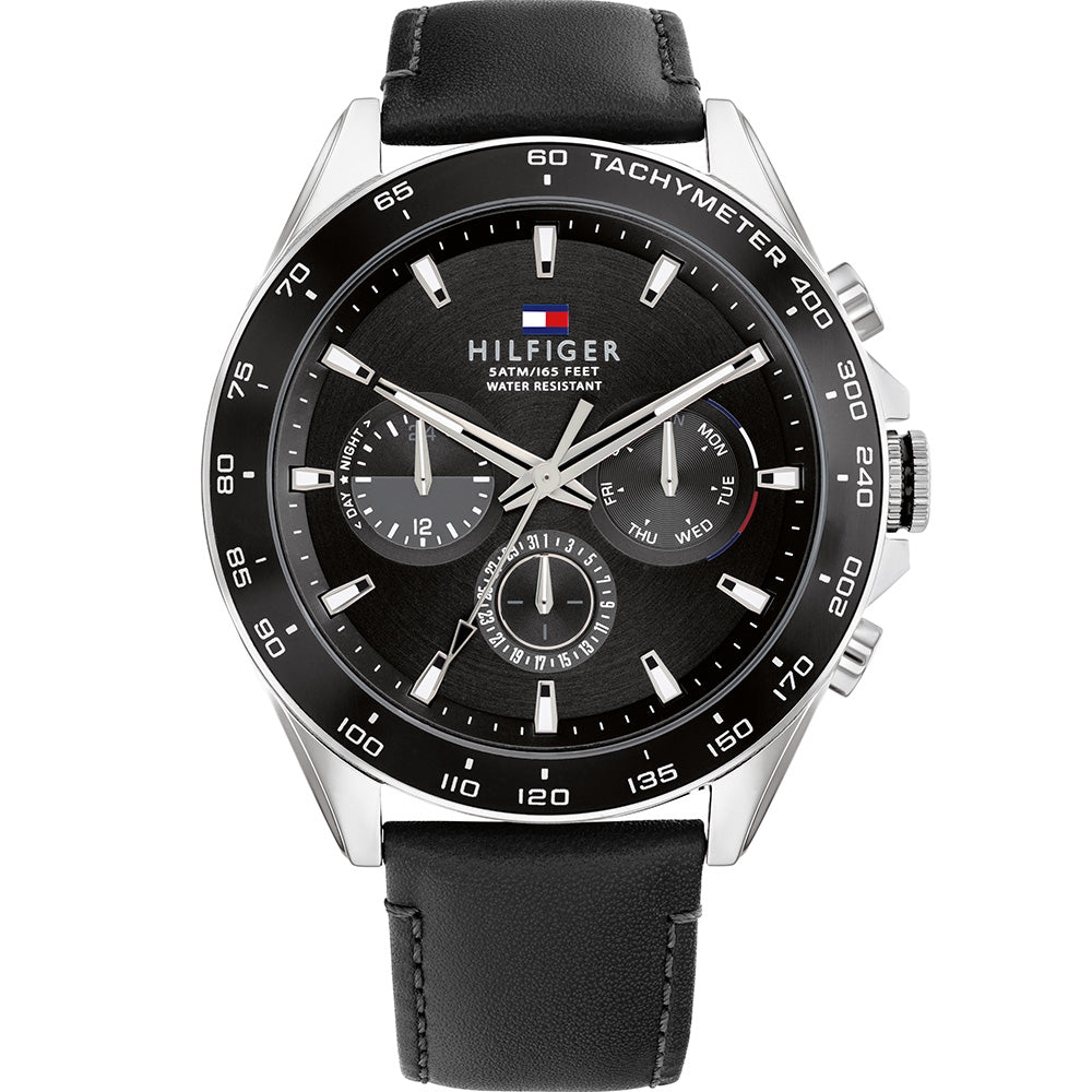 Tommy Hilfiger Owen men's watch with black dial, chronograph subdials, and black leather strap