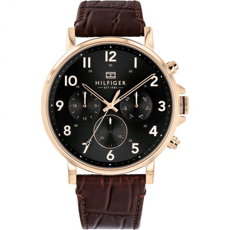 Tommy Hilfiger multi-function chronograph men's watch with black dial and rose gold case