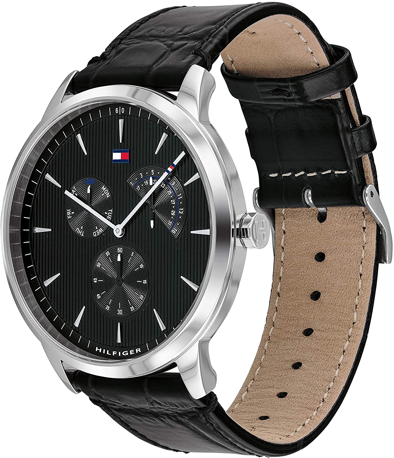 Tommy Hilfiger chronograph watch side view showing black leather strap with tan lining