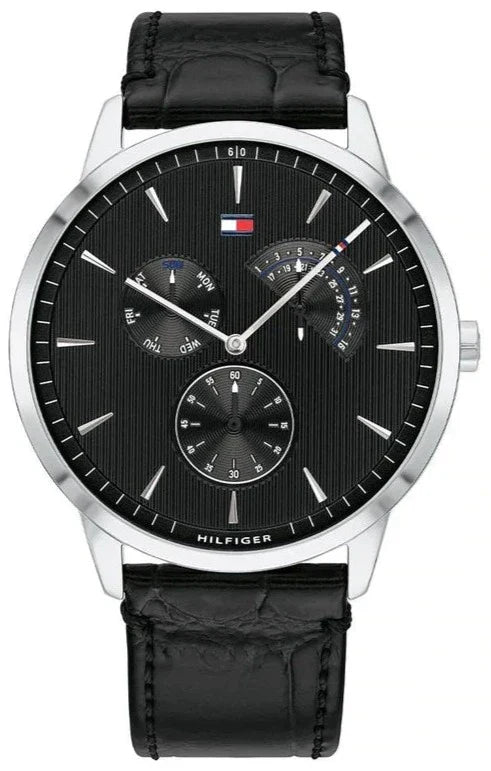 Tommy Hilfiger chronograph watch with black dial and black leather strap