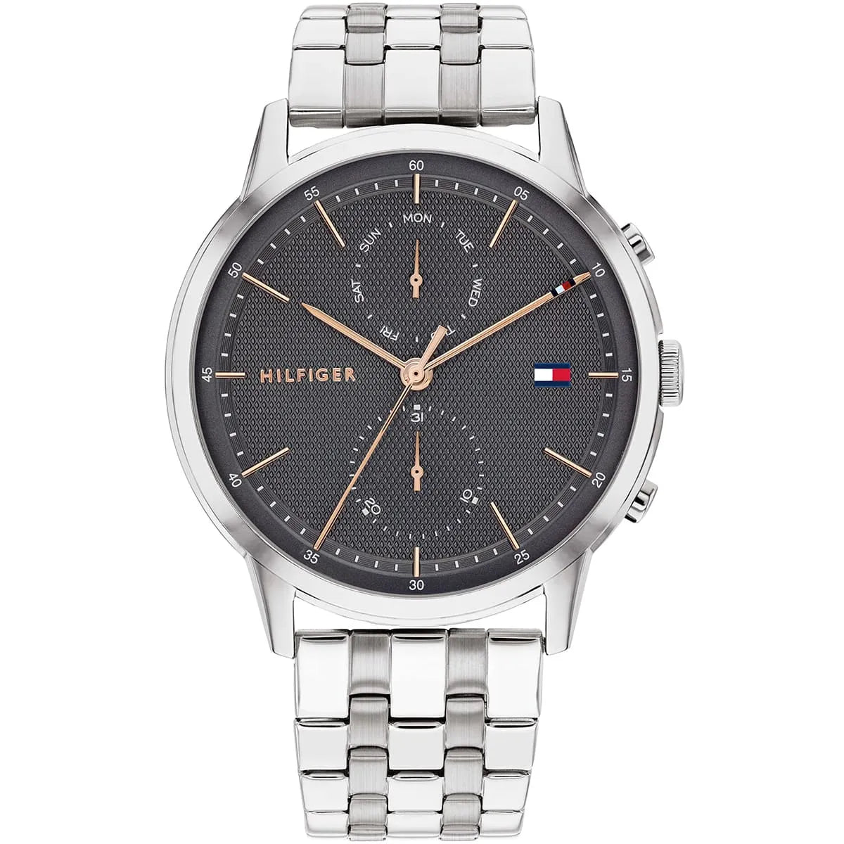 Tommy Hilfiger 1710431 watch with gray dial and stainless steel bracelet front view