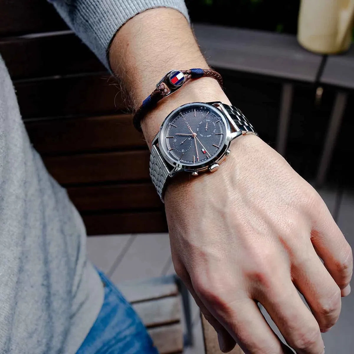 Tommy Hilfiger 1710431 watch worn on wrist showing gray dial and fit