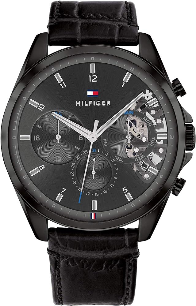 Tommy Hilfiger 1710452 men's watch with black dial and black leather strap