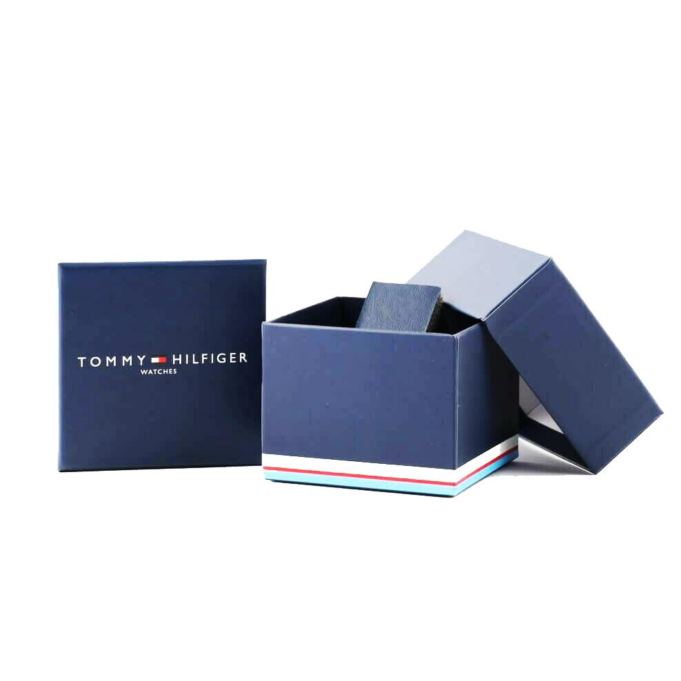 Tommy Hilfiger watch packaging with navy blue branded box and storage case