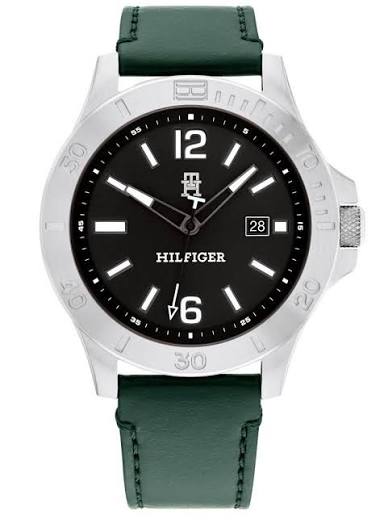 Tommy Hilfiger Quartz Green Leather Strap Black Dial 46mm Men's Watch 1710531