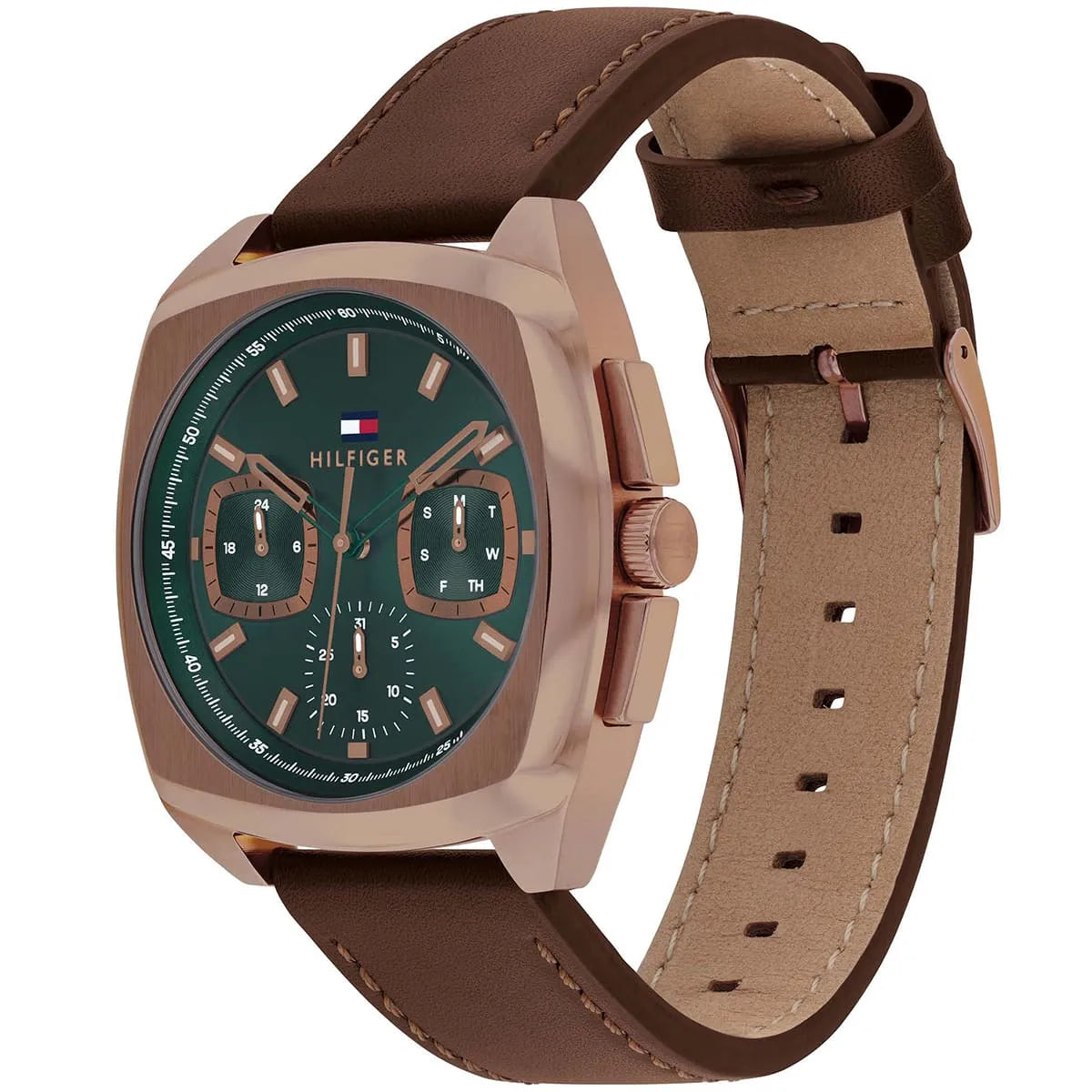 Side angle view of Tommy Hilfiger watch showing brown leather strap and rose-tone case