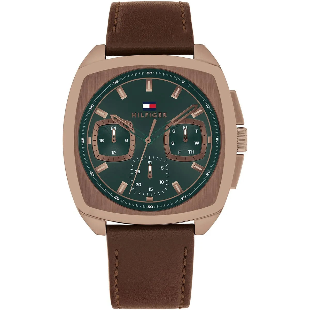 Tommy Hilfiger men's watch with green dial, chronograph subdials, and brown leather strap