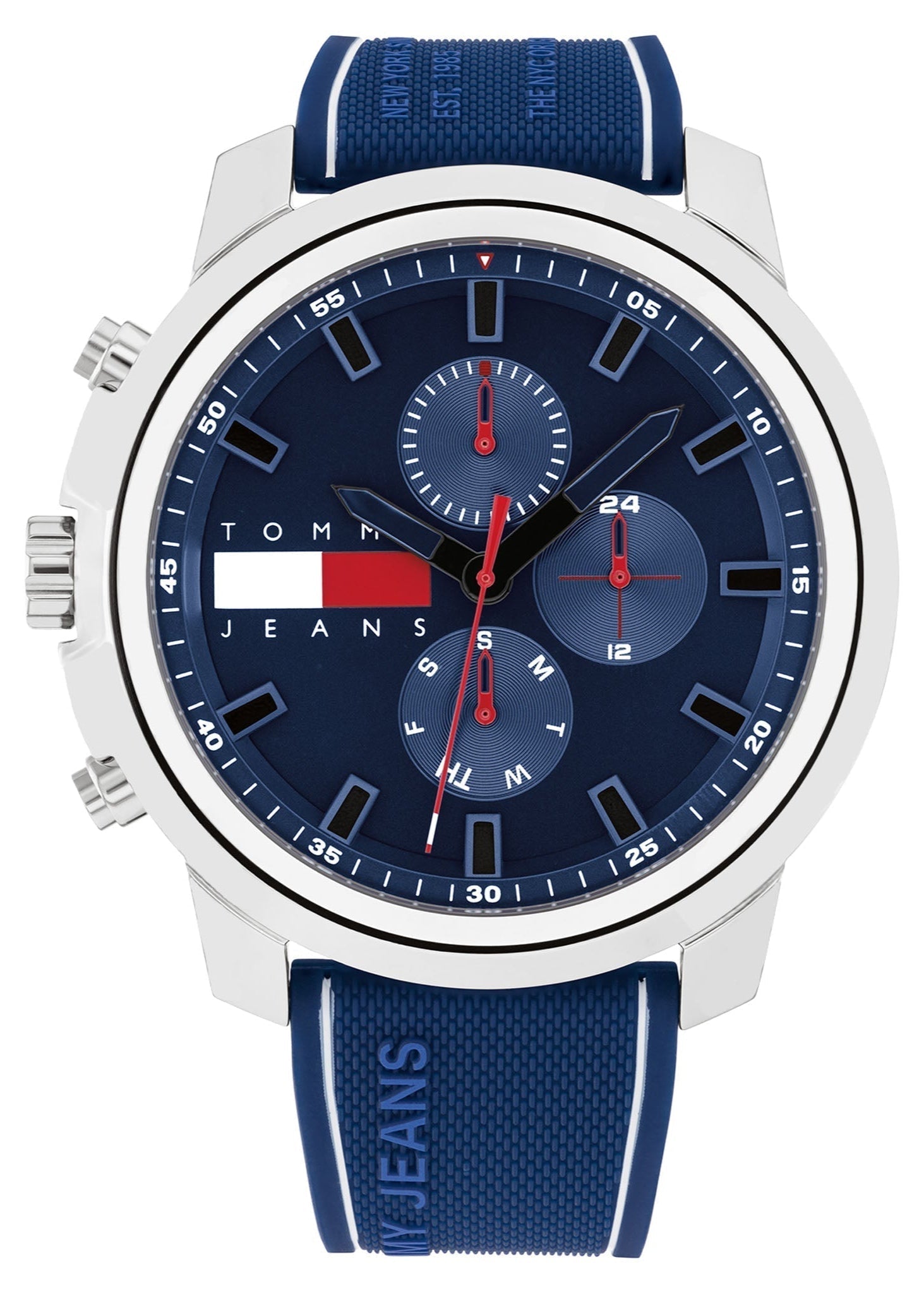 Tommy Hilfiger 1710582 blue chronograph watch with navy silicone strap and steel case