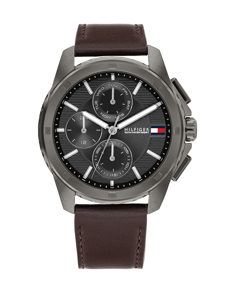 Tommy Hilfiger Quartz Multifunction Grey Dial Brown Leather Strap Watch for Men - 1710623