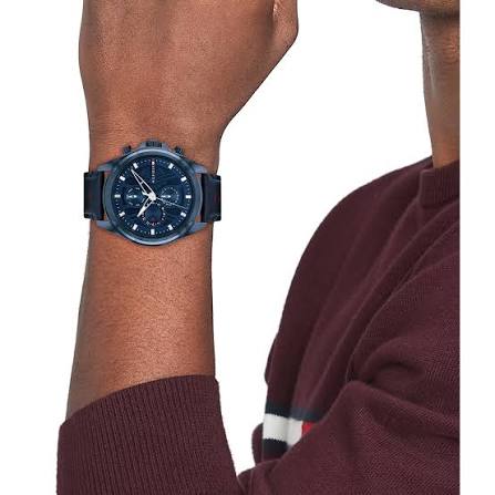 Tommy Hilfiger navy chronograph watch worn on wrist