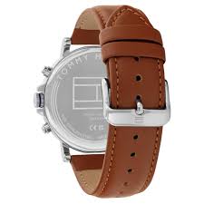 Back view of Tommy Hilfiger watch showing caseback and brown leather strap