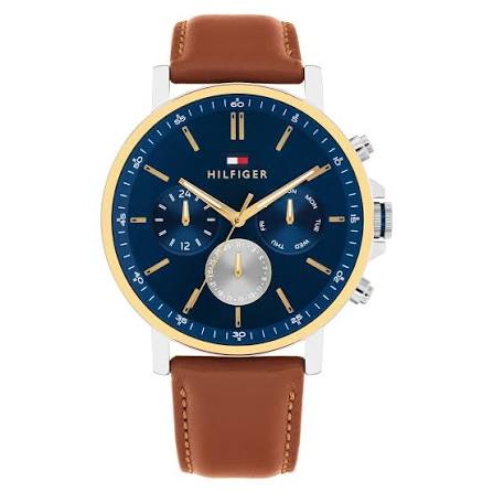 Tommy Hilfiger Quartz Multifunction Chronograph Blue Dial Brown Leather Strap Watch For Men - 1710703