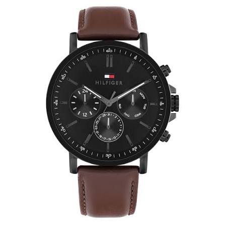Tommy Hilfiger Dark Brown Leather Black Dial Multi-function Chronograph  Men's Watch - 1710704