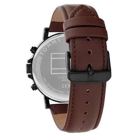 Tommy Hilfiger Dark Brown Leather Black Dial Multi-function Chronograph  Men's Watch - 1710704