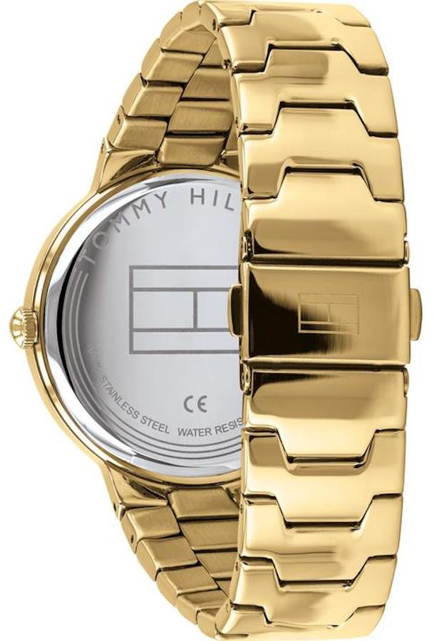 Tommy Hilfiger 1781905 ladies watch side view showing all-gold stainless steel bracelet and case
