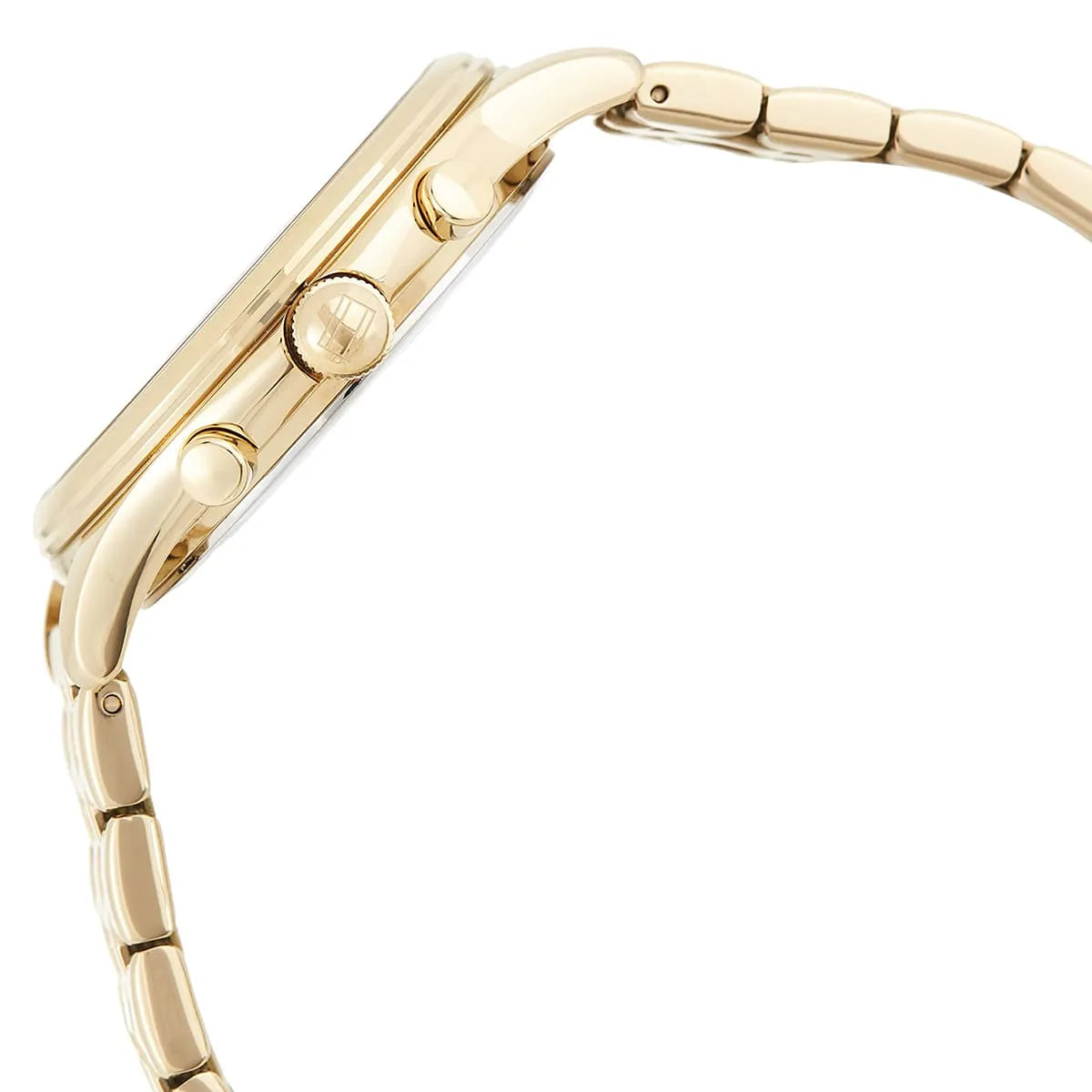 Side view of Tommy Hilfiger Whitney gold watch showing case profile and bracelet